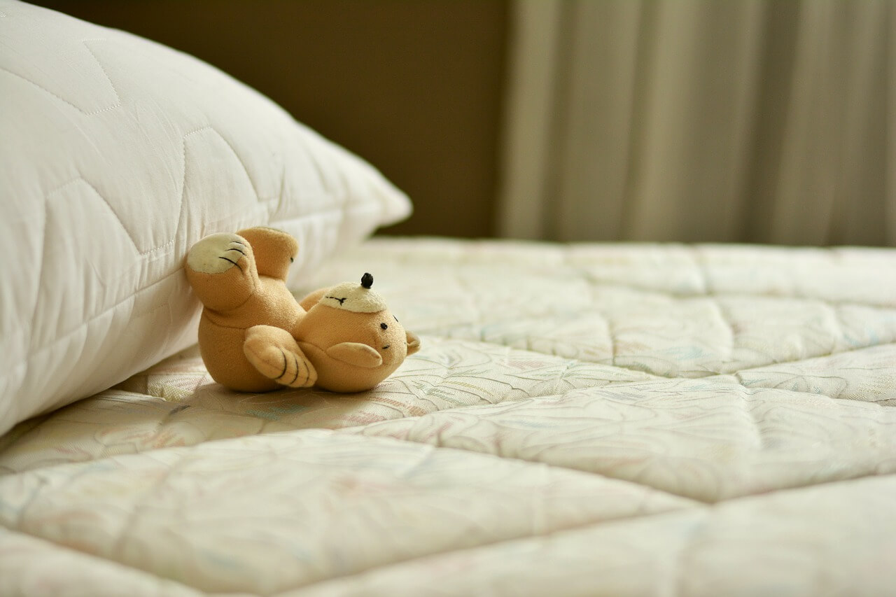 teddy bear on bed